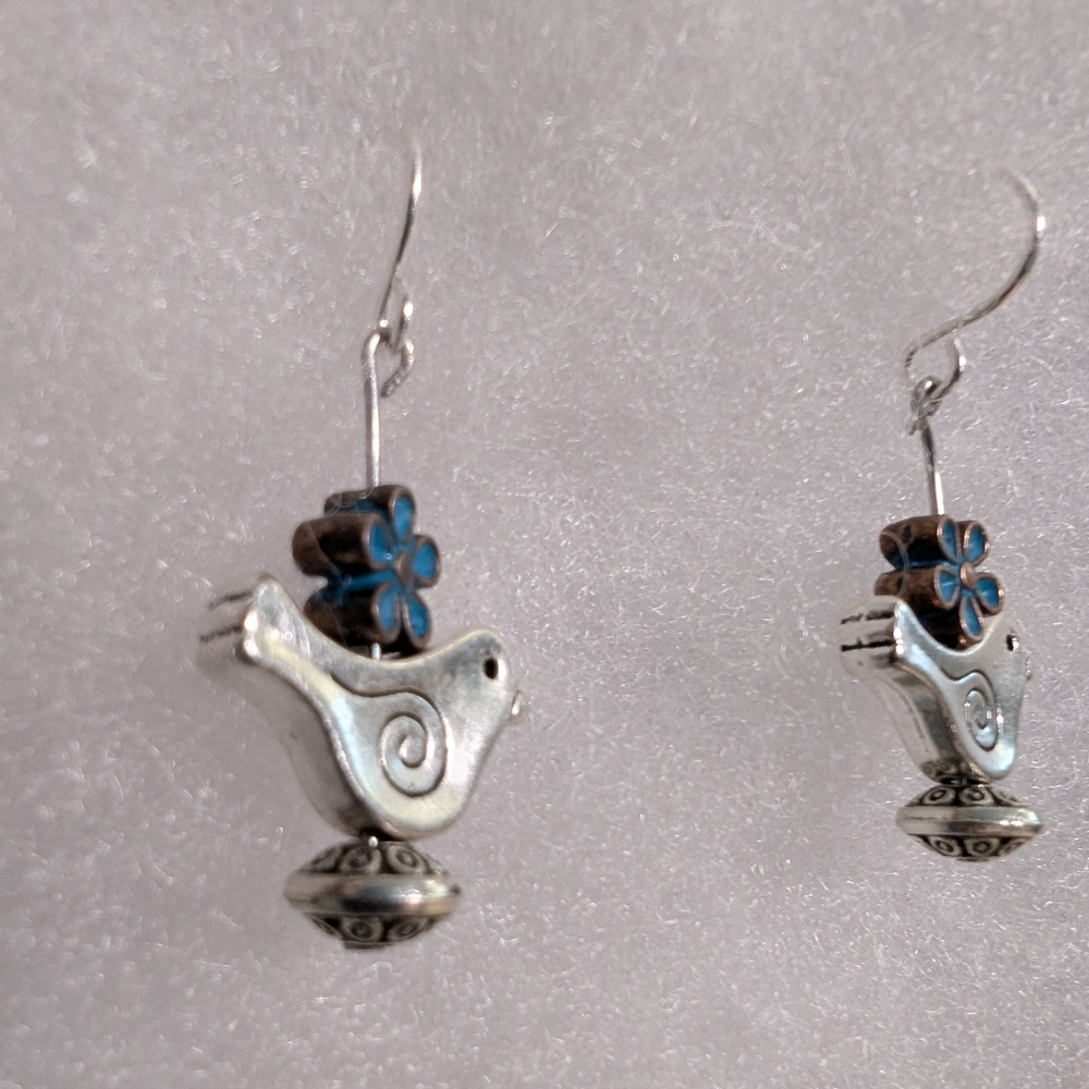 Whimsical Silver Bird Earrings with Blue Accents - Picture 2 of 3